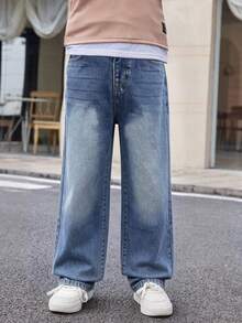 SHEIN Mirajuku Tween Boy Retro Basic Casual College Style Loose Straight Leg Jeans Summer Holiday - Dark Wash - View 3