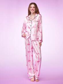 Notgurli Ribbon Bow Print Faux Silk Lapel Pajama Set , Fall Winter Clothes Cozy And Elegant Details - Multicolor - View 6