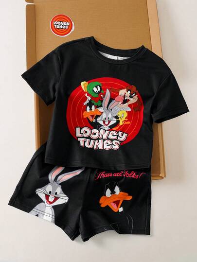 LOONEY TUNES X SHEIN 男婴字母卡通印花圆领短袖上衣和短裤睡衣套装