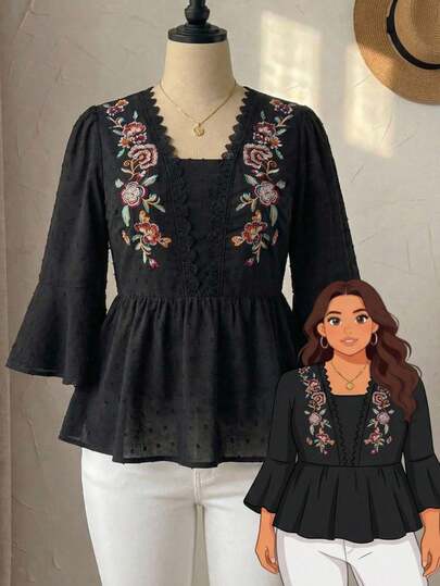 Modelyn Plus Size Vintage Embroidered Yoke Elegant Lace Ruffle Trim Blouse