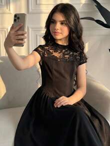 Teen Girl Spring/Summer Elegant Lace Patchwork Long Dress, Dress With Stand Collar, Short Sleeve, Cinched Waist, Ruched Full Skirt, - Black - View 7