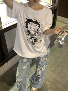 DAZY 女士休闲卡通印花宽松落肩T恤，适合夏季日常通勤 - 白色 - 查看 7