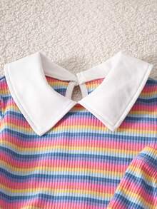 SHEIN Casuvi 2件組少女條紋短袖 Polo 領 T-shirt + 寬腿針織長褲套裝，淺粉色夏季校園美式休閒復古風 - 彩色 - 查看 6