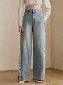 Anewsta Quần jeans ống đứng dáng casual màu xanh nhạt phối ren - Màu xanh lam - Xem 3