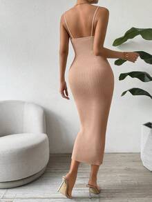 SHEIN Clasi 休闲纯色修身针织吊带连衣裙 - 駝色 - 查看 2