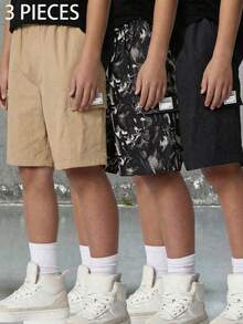 SHEIN 3件組青少年男孩寬鬆休閒純色運動工裝短褲套裝，黑色，夏季，休閒，登山，百搭基礎校園大學穿搭 - 彩色 - 查看 4