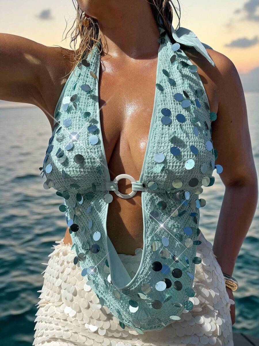 SHEIN BAE 大码女式深V领金属装饰上衣，蓝色串珠衬衫，度假上衣