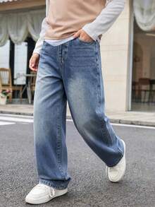 SHEIN Mirajuku Tween Boy Retro Basic Casual College Style Loose Straight Leg Jeans Summer Holiday - Dark Wash - View 4