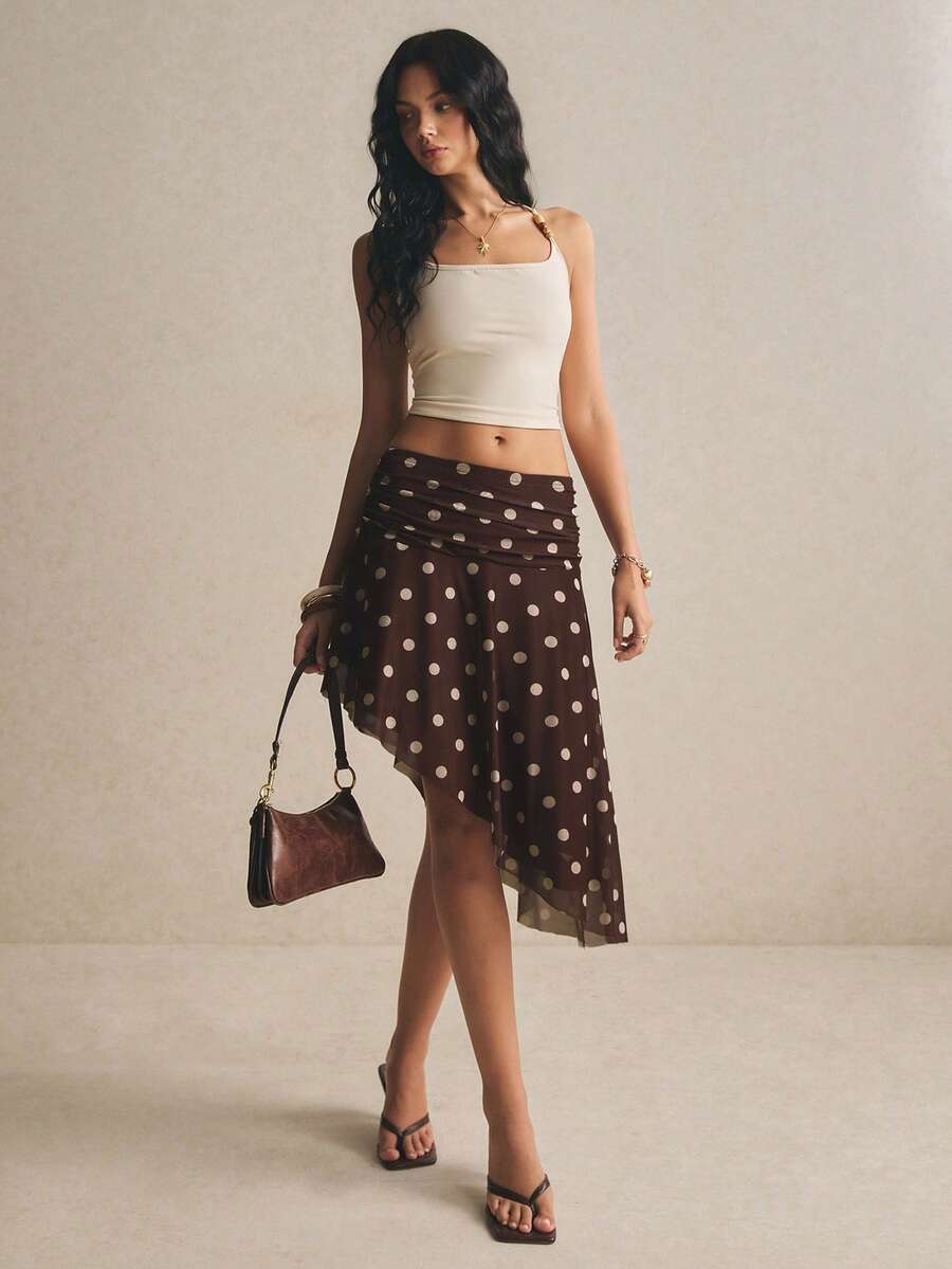 Chân váy chấm bi nữ, vạt lệch, kiểu dáng thường ngày, đa năng, thích hợp cho hẹn hò và đi chơi. - màu nâu - Xem 1