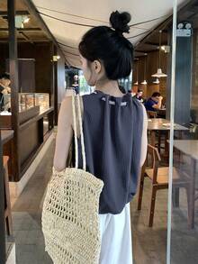 DAZY Áo vest nữ không tay, dây rút, kiểu dáng thoải mái, thích hợp cho kỳ nghỉ hè, làm từ chất liệu ren kẻ sọc. - Màu xanh lam - Xem 2