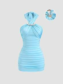 SHEIN Sweetro Đầm ngắn ôm sát cơ thể thanh lịch dành cho nữ, màu xanh dương, thiết kế thắt nơ kim loại, kiểu dáng xếp ly, thích hợp cho mùa xuân/hè. - Màu xanh lam - Xem 3