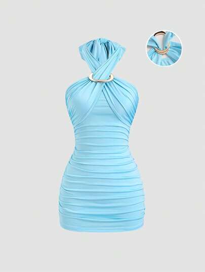 Sweetra Đầm ngắn ôm sát cơ thể thanh lịch dành cho nữ, màu xanh dương, thiết kế thắt nơ kim loại, kiểu dáng xếp ly, thích hợp cho mùa xuân/hè.