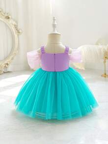 Glamorique Kids 女婴蓝色网纱吊带连衣裙，紫色亮片派对连衣裙，女婴生日宴会服装，女婴舞台表演节日服装，女婴薄纱亮片公主裙，节日半身裙 - 紫色 - 查看 2