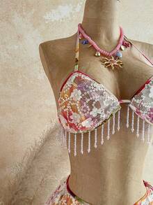 Soleia Women's Summer Vacation Beaded Tassel Detail Halter Top - Multicolor - View 5