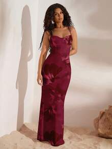 Opulessa 女士优雅印花鱼尾下摆露背连衣裙，夏季 - 酒紅色 - 查看 4