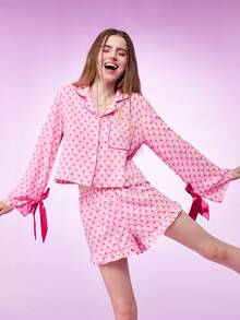 Notgurli Conjunto de pijama de mujer con estampado de corazón y lazo, ropa de otoño e invierno - Rosa - Ver 1