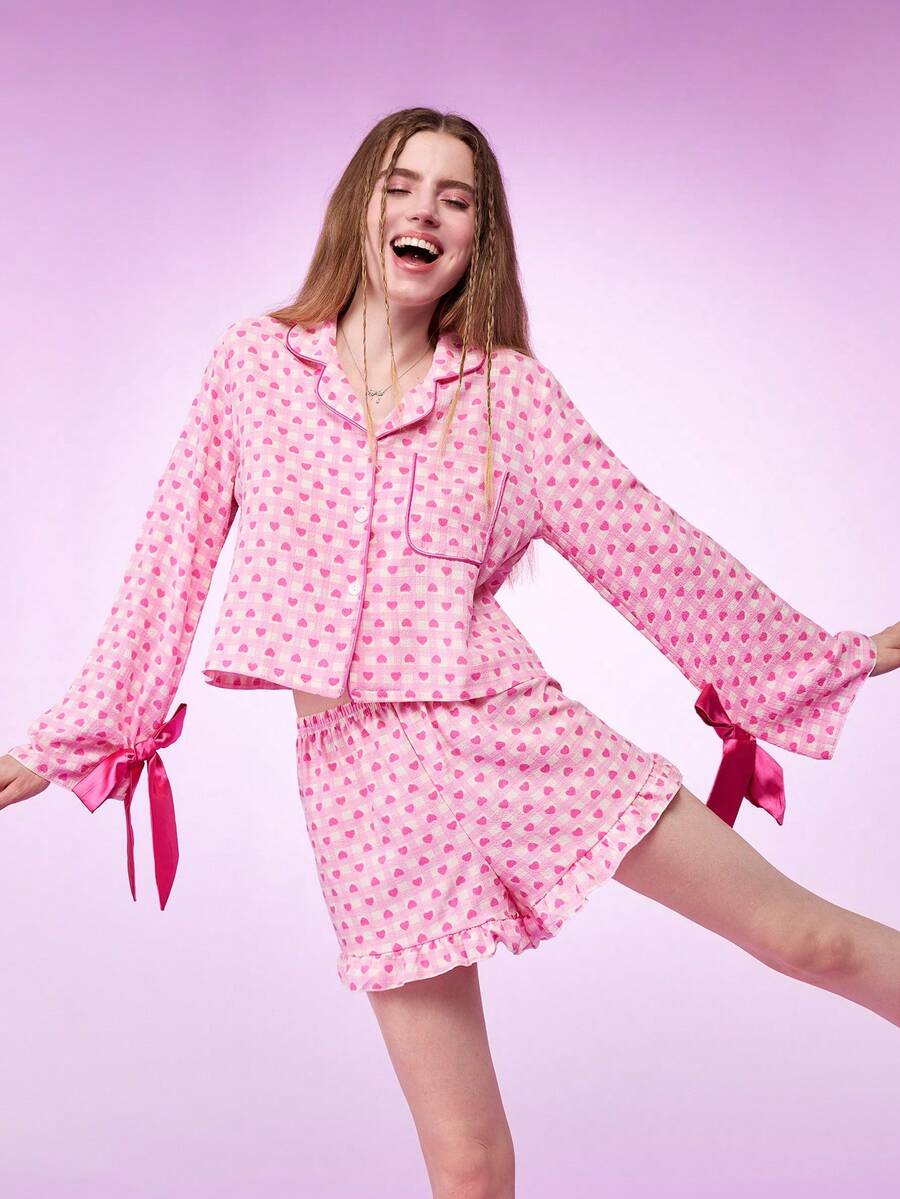 Notgurli Conjunto de pijama de mujer con estampado de corazón y lazo, ropa de otoño e invierno - Rosa - Ver 1