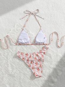 Swim Mod 夏季新款性感露背手工编织绳条纹花卉撞色两件式泳衣，小胸显瘦条纹印花时尚比基尼三角裤，海滩度假水疗蜜月休闲泳装 - 彩色 - 查看 2