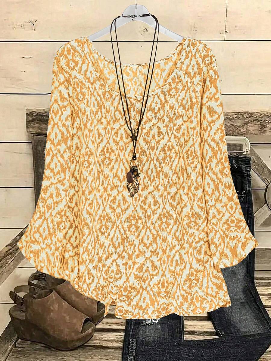 EMERY ROSE Camisa de manga larga con cuello redondo y estampado minimalista para tallas grandes - Amarillo - Ver 1