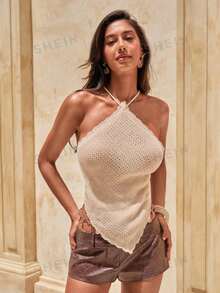 Nevyona Music Festival Outfits Women's Basic Minimalist Fashion Backless Sexy Beach Knit Top Latest Tops For Women New Arrivals - Apricot - View 5