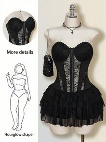 Hourglow Tildaharris Plus Size Black Bandeau Bustier Lace Patchwork Ruffled Mini Dress, Corset Dress For Women, For Hourglass Body Shape, For Body Shape, For Summer - Black - View 1