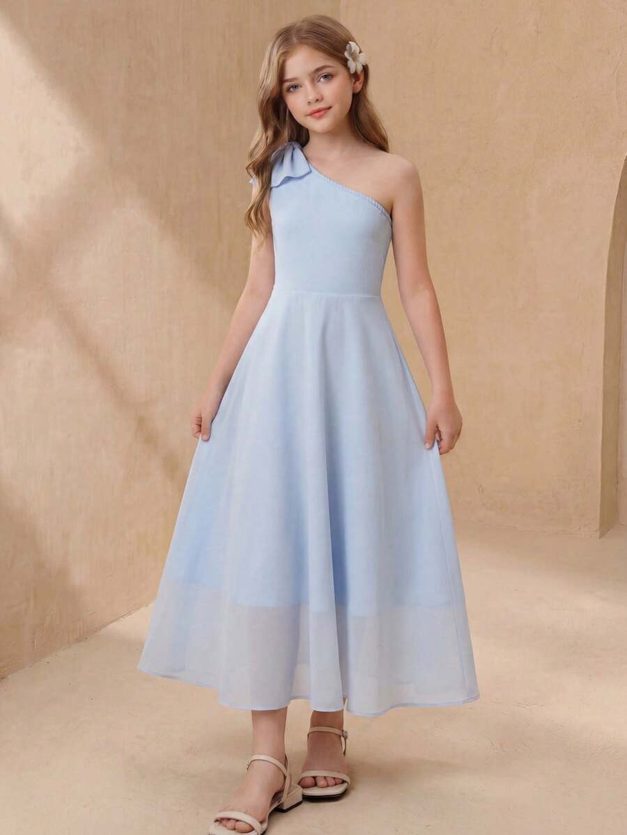 Pitira 少女優雅淺藍色不對稱單肩無袖修身長洋裝,適合生日與畢業典禮 - 藍色 - 查看 1