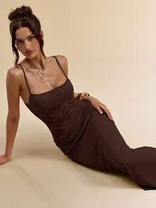 SHEIN BAE Women's Summer Solid Color Fitted Lace Patchwork Camisole Dress - Coffee Brown - View 6