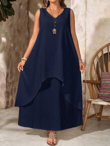 EMERY ROSE Plus Size Women's Summer Navy Blue V-Neck Sleeveless 2 In 1 Long Dress,Boho Casual Flowy Sundress,Holiday Beach Outfits,Vacation Fashionable Wear - Navy Blue - View 2