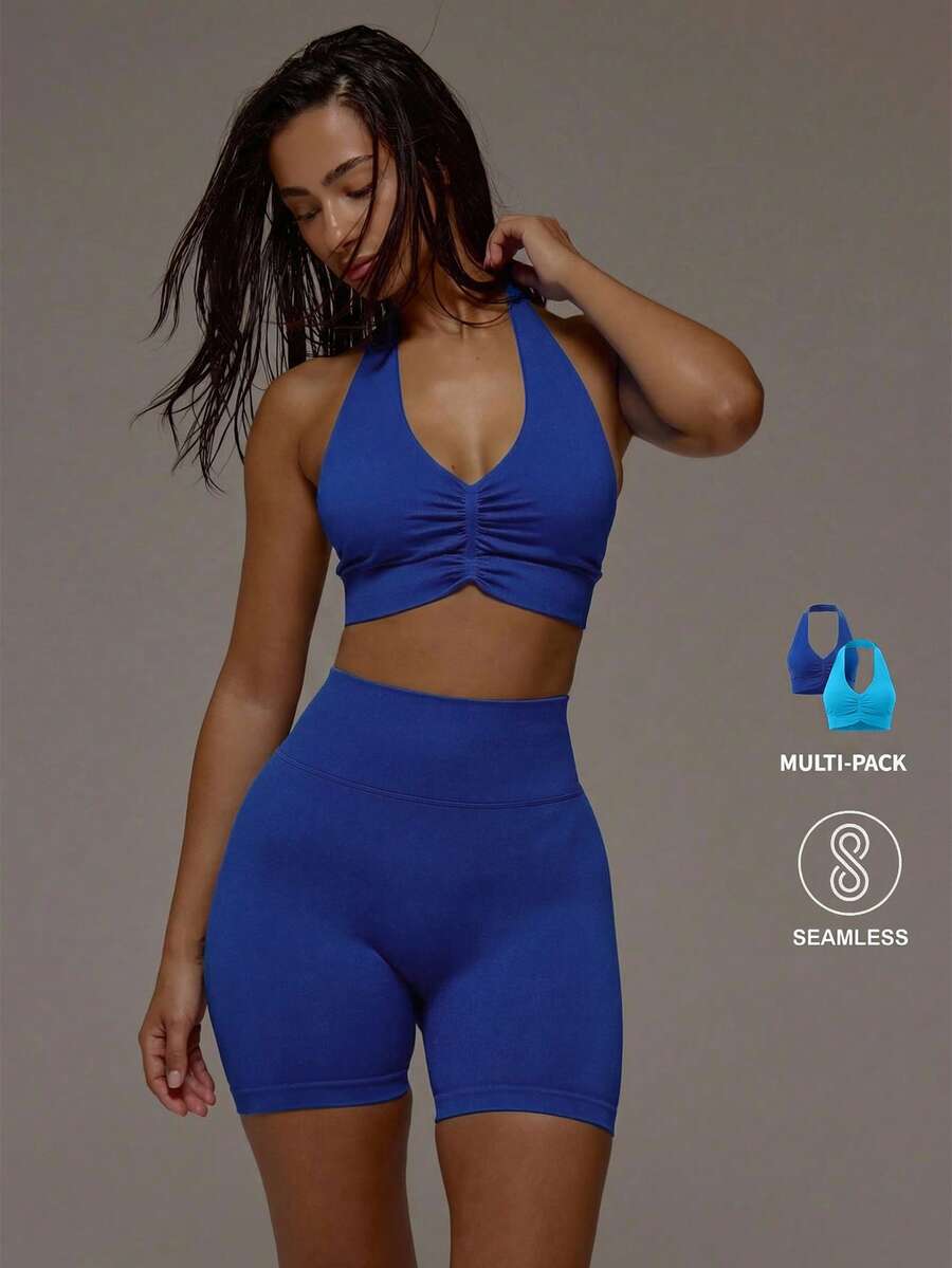 Musera Sport 2件装挂脖式褶皱前片运动文胸多件装,适合运动健身、健身房、普拉提、日常休闲穿着,烟晶色 - 彩色 - 查看 1