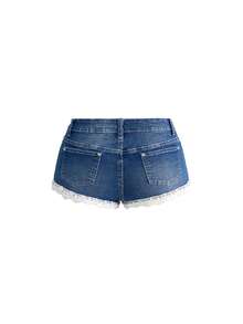 ROMWE Spring/Summer Vacation Casual Low Waist Super Short Lace Patchwork Women Denim Shorts - Light Wash - View 2