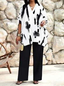 SHEIN Lady Plus Size Women V-Neck Brush Print Top And Wide Leg Pants Casual Casual 2 Pieces Set Holiday Outfit For Women Wear 2 Piece Set Plus Size Palazzo Pants Abstract Print Top Women Kaftan Top Vacation White With Black Dots Summer - Multicolor - View 3