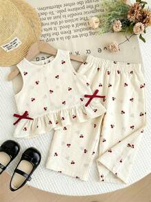SHEIN LMoss Kids Baby Girl Cherry Print Ruffle Trim Vest And Elastic Waist Pants Set - Red - View 2
