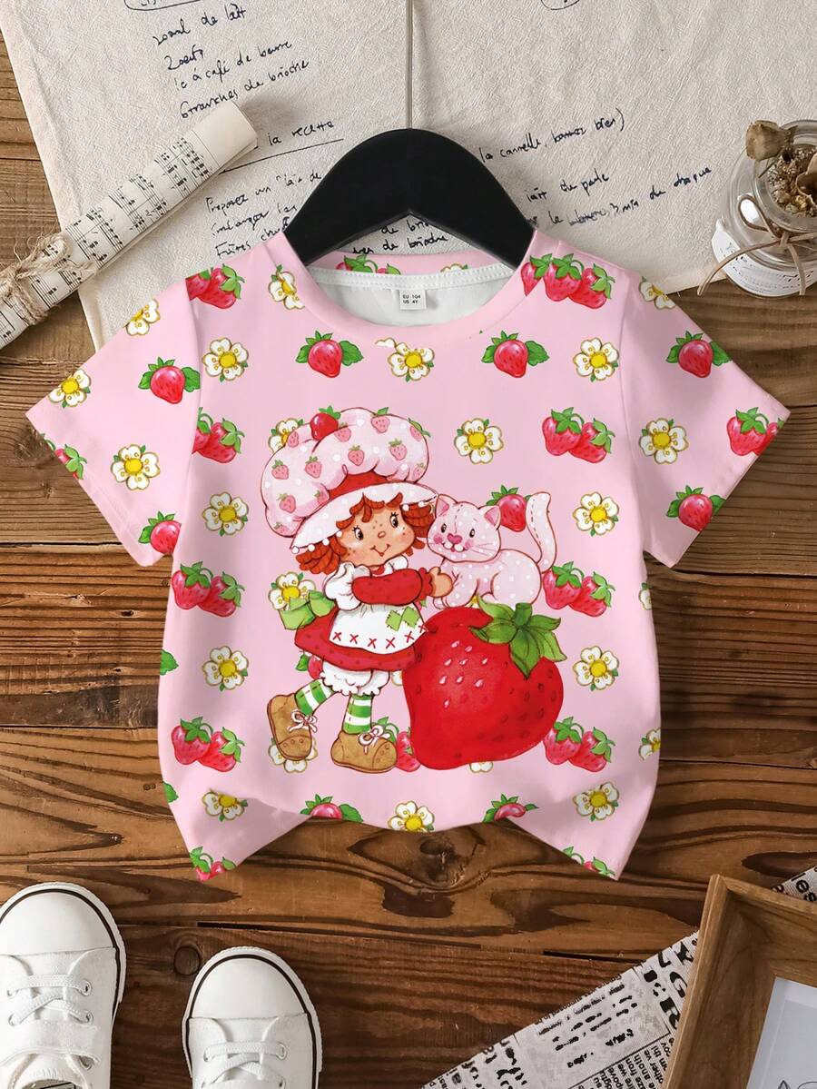 Strawberry Shortcake X SHEIN 女童休闲卡通草莓印花T恤，夏季 - 白色 - 查看 1