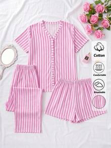 SHEIN Bộ đồ ngủ nữ 3 món bằng cotton màu trắng phối sọc tương phản, cài cúc phía trước, gồm áo tay ngắn, quần short và quần dài, thoải mái, thích hợp mặc ở nhà. - Hồng - Xem 1