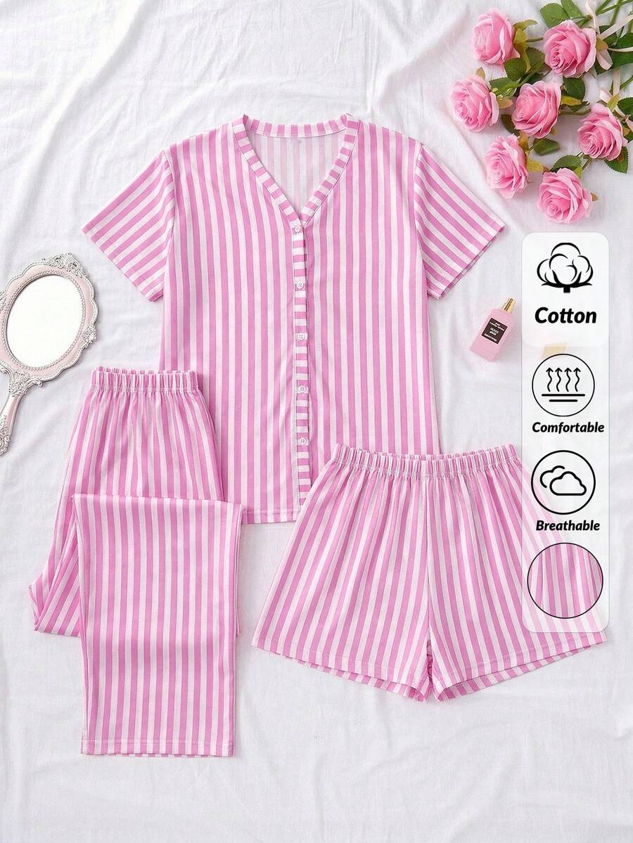 SHEIN Bộ đồ ngủ nữ 3 món bằng cotton màu trắng phối sọc tương phản, cài cúc phía trước, gồm áo tay ngắn, quần short và quần dài, thoải mái, thích hợp mặc ở nhà. - Hồng - Xem 1