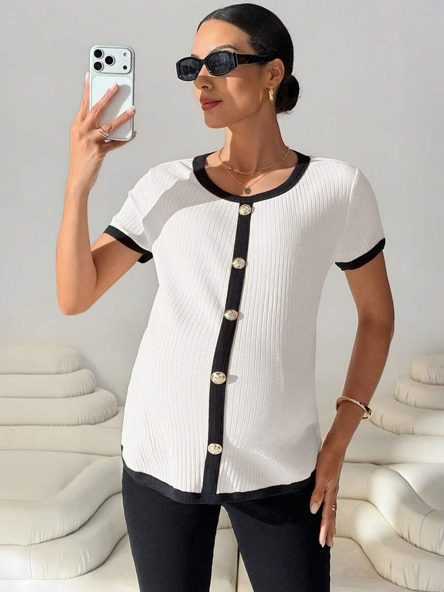 MaterniWear 孕妇撞色印花圆领短袖T恤 - 白色 - 查看 1