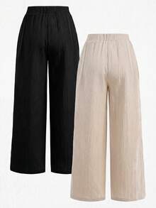 SHEIN Sparklyn Pantalon ample de couleur unie pour préadolescentes - Noir et Blanc - Voir 2