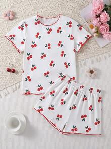 Bộ 2 món đồ ngủ ngắn tay bằng vải dệt kim cho bé gái, mềm mại và co giãn, họa tiết quả anh đào ngọt ngào, phối màu hài hòa, món quà tuyệt vời nhất cho các bé gái tuổi teen. - trắng - Xem 3