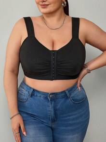 SHEIN CURVE+ 大码女式夏季休闲日常通勤简约纯色褶皱胸前三扣短款宽松背心 - 黑色 - 查看 3