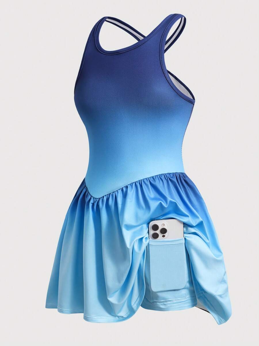 Tween Girls' Navy Blue Summer Casual Gym Sports Jumpsuit,Ombre Sleeveless Gymnastics Fitness Yoga Aerobics Cheerleading Dress With Phone Pocket - Blue - View 1