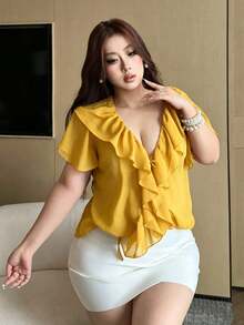 Vibekara Plus Size V-Neck Solid Color Chiffon Ruffle Hem Sheer Sexy Short Sleeve Blouse - Yellow - View 6