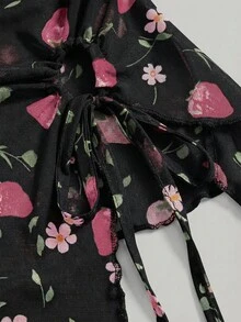 ROMWE Kawaii 草莓印花不对称下摆夏季抹胸上衣，Y2K风格网纱面料衬衫 - 黑色 - 查看 2