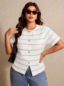 Elaquor Plus Size Contrast Color Striped Button Front Knit Top - Multicolor - View 5