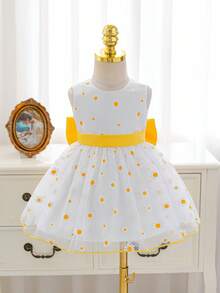 Glamorique Kids 女婴黄色雏菊印花无袖V领网纱缎面撞色腰带露背蝴蝶结连衣裙，女婴节日表演生日派对优雅连衣裙 - 黃色 - 查看 4