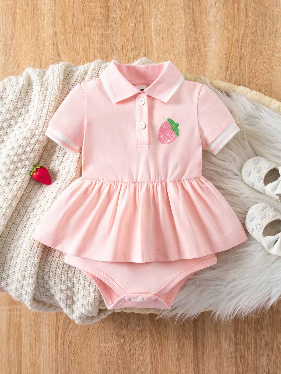 SHEIN Bộ áo liền quần cổ bẻ dáng rộng cho bé gái, thêu hình dâu tây, thích hợp cho mùa xuân/hè. - Hồng - Xem 1