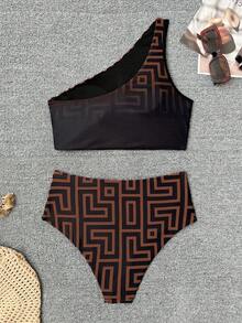 Swim Chiccia 女士时尚沙滩装，几何渐变印花比基尼套装，斜肩沙滩派对度假优雅比基尼，高腰褶皱紧身比基尼两件式泳衣 - 彩色 - 查看 2