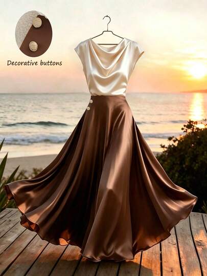 Franclia 2件套夏季优雅通勤纯色上衣和裙子