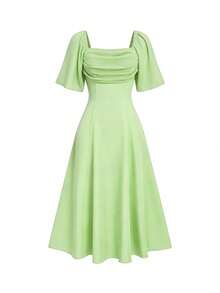Elenzga Mẫu đầm mới về, cổ vuông, xếp ly phía trước, chất liệu chiffon, hở lưng, thắt eo, kiểu dáng thanh lịch dành cho nữ. - màu xanh lá - Xem 6