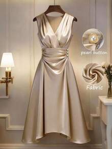 GlowEve Spring & Summer V-Neck Pleated Satin High-Waisted Pearl Button A-Line Elegant Sleeveless Dress, Versatile For Commuting - Champagne - View 1