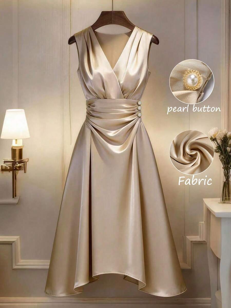 GlowEve Spring & Summer V-Neck Pleated Satin High-Waisted Pearl Button A-Line Elegant Sleeveless Dress, Versatile For Commuting - Champagne - View 1